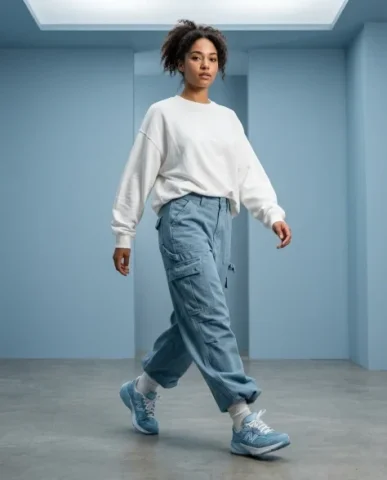 Minimalist Sky-Blue Streetwear Studio Portrait 3 — Nano Banana AI Prompt: She wears the oversized white sweatshirt with soft draping that moves with her g...