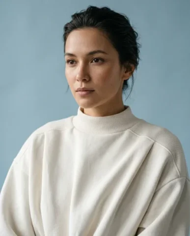 Minimalist Sky-Blue Streetwear Studio Portrait 4 — Nano Banana AI Prompt: She drops into a deep crouch with her feet flat on the floor, knees apart, both...