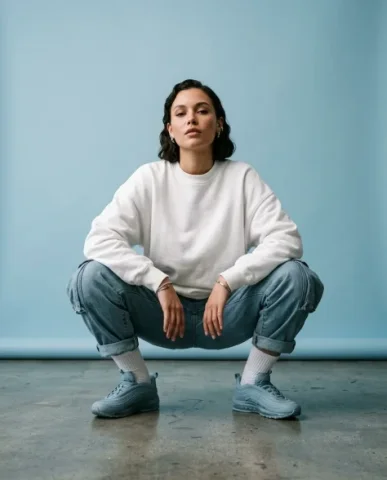 Minimalist Sky-Blue Streetwear Studio Portrait 5 — Nano Banana AI Prompt: The dusty sky-blue oversized combat jeans fall from her hips with a wide leg sil...