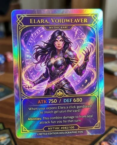 Character Card Visual from Profile Image 4 — Nano Banana AI Prompt: The character card presented with a holographic foil effect across its entire su...