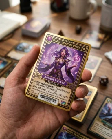 Character Card Visual from Profile Image 6 — Nano Banana AI Prompt: The card is standard trading card size — held between thumb and index finger wit...