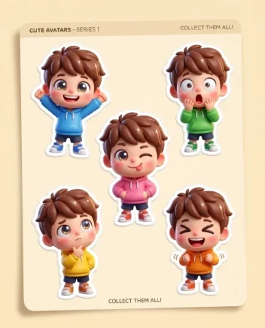 3D Animated Studio Style Avatar Sticker Sheet 1 — Nano Banana AI Prompt: Each character is a glossy 3D rendered cartoon figure with smooth polished surfa...