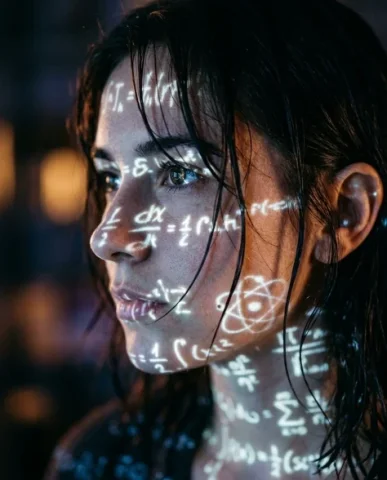 Cyberpunk Science Portrait with Projected Equations 1 — Nano Banana AI Prompt: The projection creates a futuristic holographic effect where the equations appea...