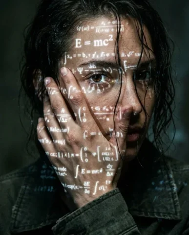 Cyberpunk Science Portrait with Projected Equations 5 — Nano Banana AI Prompt: Very shallow depth of field with both eyes tack-sharp. 8K photorealistic, cyberp...