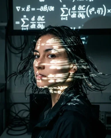Cyberpunk Science Portrait with Projected Equations 6 — Nano Banana AI Prompt: The iris is captured in extraordinary detail — the complex fibrous texture of th...