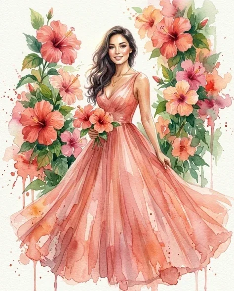 Soft Watercolor Portrait with Tropical Flowers 1