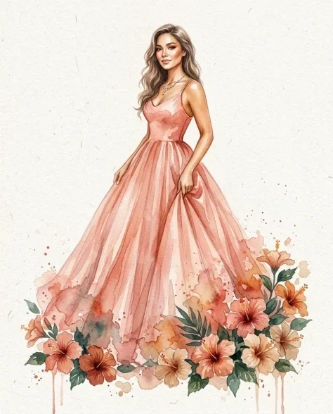 Soft Watercolor Portrait with Tropical Flowers 2