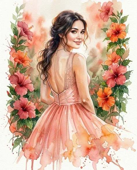 Soft Watercolor Portrait with Tropical Flowers 4