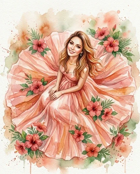 Soft Watercolor Portrait with Tropical Flowers 5
