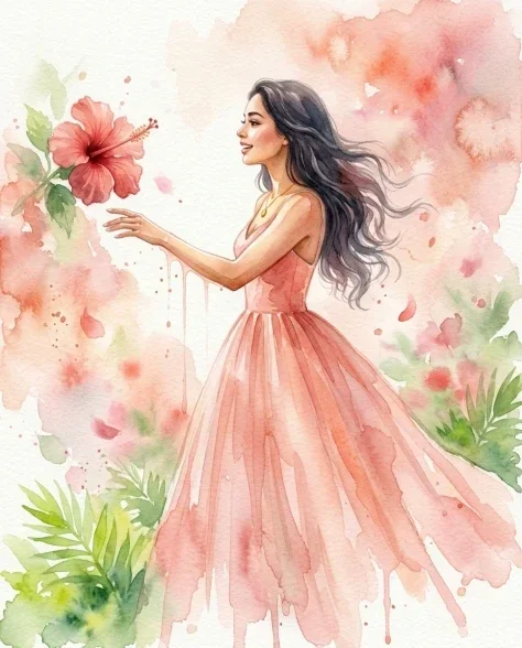 Soft Watercolor Portrait with Tropical Flowers 6
