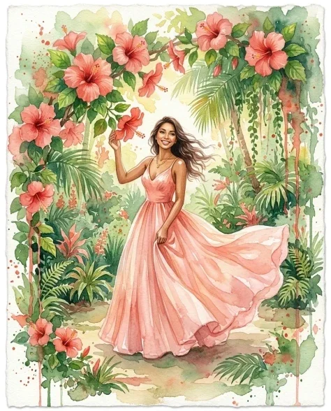 Soft Watercolor Portrait with Tropical Flowers 7