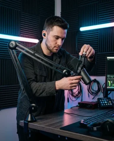 Content Creator Studio Transformation Portrait 6 — Nano Banana AI Prompt: The articulating microphone arm and condenser microphone extend dramatically in...