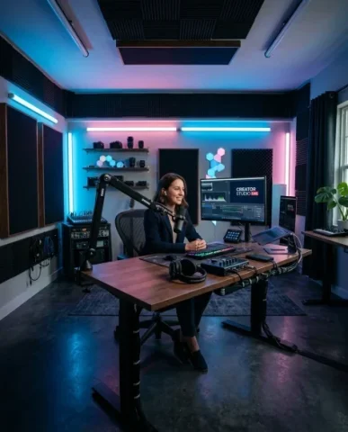 Content Creator Studio Transformation Portrait 7 — Nano Banana AI Prompt: The subject reaches forward with both hands to adjust the articulating microphon...