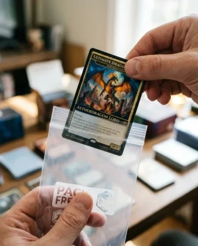 Collectible Card in Transparent Zip Bag Macro Shot 4 — Nano Banana AI Prompt: The exposed portion of the card shows the header artwork in vivid full color, cr...