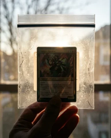 Collectible Card in Transparent Zip Bag Macro Shot 5 — Nano Banana AI Prompt: The zip bag with collectible card held up against a soft light source — a window...