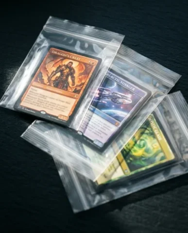 Collectible Card in Transparent Zip Bag Macro Shot 6 — Nano Banana AI Prompt: The overlapping creates interesting layered transparency effects where bag over...