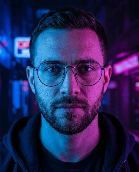 Neon-Lit Cyberpunk Portrait with Round Glasses 2