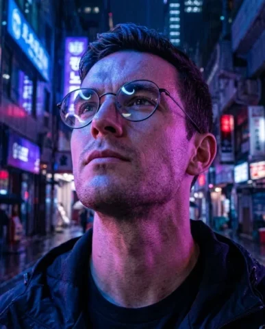 Neon-Lit Cyberpunk Portrait with Round Glasses 4 — Nano Banana AI Prompt: The neon split lighting is perfectly symmetrical — electric cobalt blue illumina...