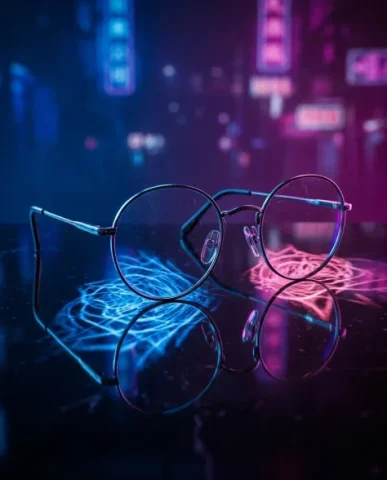 Neon-Lit Cyberpunk Portrait with Round Glasses 6 — Nano Banana AI Prompt: The two colors create a dramatic diagonal split across his features from this l...
