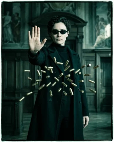 Cinematic Action Shot with Suspended Projectiles 1 — Nano Banana AI Prompt: Dozens of metallic brass bullet casings hover frozen in mid-air in the foregroun...
