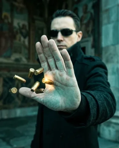 Cinematic Action Shot with Suspended Projectiles 2 — Nano Banana AI Prompt: Multiple metallic brass bullet casings hover frozen mere inches from the palm su...