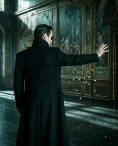 Cinematic Action Shot with Suspended Projectiles 5 — Nano Banana AI Prompt: The high-collared black long coat with structured shoulders is visible from the...