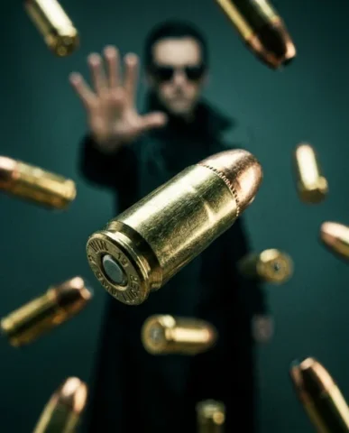 Cinematic Action Shot with Suspended Projectiles 6 — Nano Banana AI Prompt: The casing is rendered in extraordinary macro detail — the polished brass surfac...