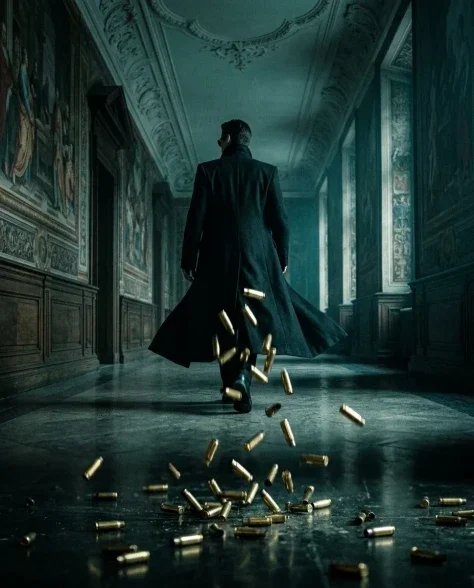 Cinematic Action Shot with Suspended Projectiles 7