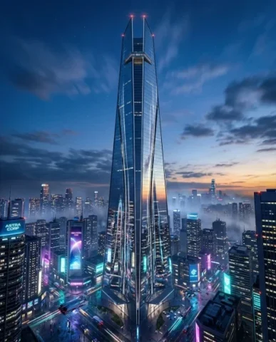 Futuristic Glass Skyscraper at Blue Hour 1 — Nano Banana AI Prompt: The tower tapers elegantly toward the sky with clean geometric lines and minimal...