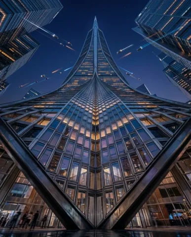 Futuristic Glass Skyscraper at Blue Hour 2 — Nano Banana AI Prompt: The polished steel mullions between panels create a precise grid that narrows to...