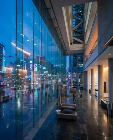 Futuristic Glass Skyscraper at Blue Hour 6 — Nano Banana AI Prompt: The interior features a vast atrium with polished stone flooring reflecting the...
