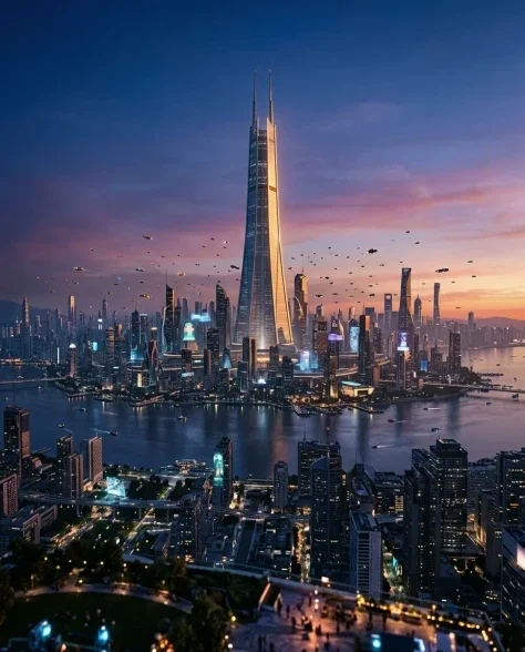 Futuristic Glass Skyscraper at Blue Hour 7