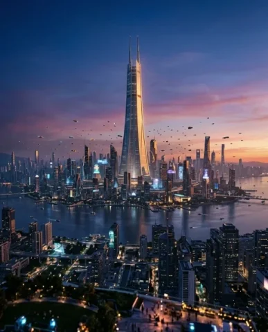 Futuristic Glass Skyscraper at Blue Hour 7 — Nano Banana AI Prompt: The camera is positioned far enough to see the entire city spread across the fra...