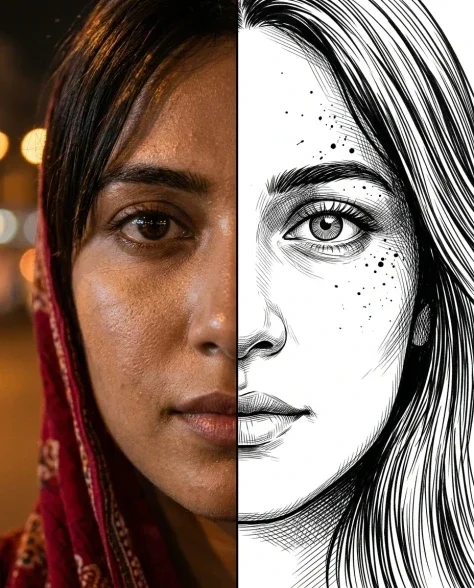 Split-Style Portrait Transformation Photo to Ink 2
