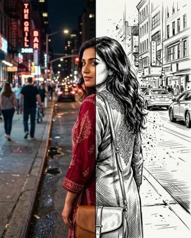 Split-Style Portrait Transformation Photo to Ink 4 — Nano Banana AI Prompt: Divided vertically down the exact center of the image. The left side presents th...