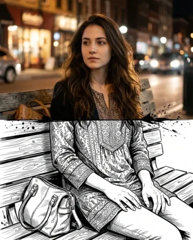 Split-Style Portrait Transformation Photo to Ink 6 — Nano Banana AI Prompt: Soft bokeh from storefronts and passing traffic fills the background above. In t...