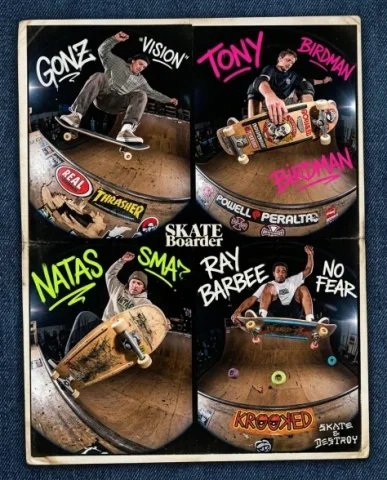 90s Skate Magazine Freeze-Frame Diorama Grid 1 — Nano Banana AI Prompt: Surrounding each airborne figure are floating graffiti tags sprayed in neon lime...