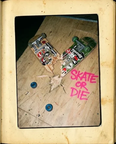 90s Skate Magazine Freeze-Frame Diorama Grid 6 — Nano Banana AI Prompt: The photograph shows an overhead angle looking down into a wooden half-pipe, the...