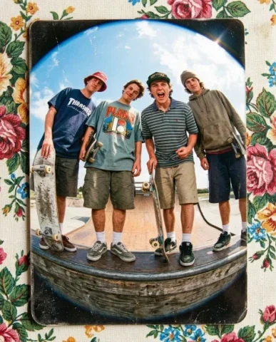 90s Skate Magazine Freeze-Frame Diorama Grid 7 — Nano Banana AI Prompt: The photograph shows a dramatic still life on the half-pipe ramp surface — a ska...