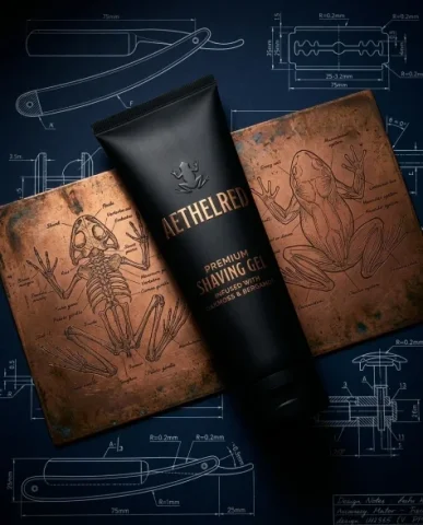 Luxury Grooming Product Photography on Copper Plates 1 — Nano Banana AI Prompt: Luxury product photography of a matte black shaving gel tube with embossed metal...