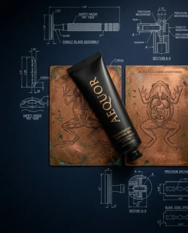 Luxury Grooming Product Photography on Copper Plates 7 — Nano Banana AI Prompt: The engraved line of the anatomical amphibian illustration fills the frame — the...
