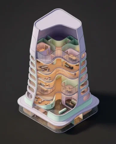 Conceptual Isometric Organic Office Tower Diorama 1 — Nano Banana AI Prompt: Volumes separated by seamlessly curved translucent partitions suggesting functio...
