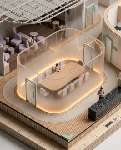 Conceptual Isometric Organic Office Tower Diorama 2 — Nano Banana AI Prompt: The curved meeting room fills the center of the frame — a biomorphic glass-parti...