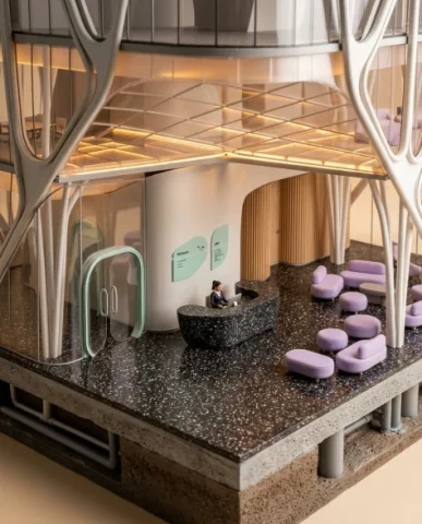 Conceptual Isometric Organic Office Tower Diorama 4 — Nano Banana AI Prompt: The cutaway at this level reveals a smaller executive floor — a single curved op...