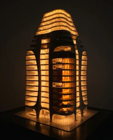Conceptual Isometric Organic Office Tower Diorama 7 — Nano Banana AI Prompt: The curvilinear facade undulates in gentle waves — convex bulges where meeting r...