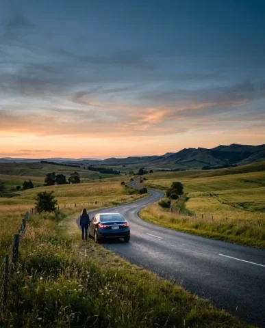 Cinematic Nine-Angle Camera Reference Grid 5 — Nano Banana AI Prompt: The sedan's roofline and window frame create a horizontal element behind her at...