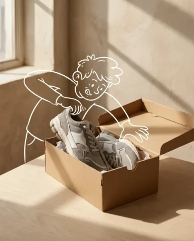 Minimalist Sneaker Product Photography with Doodle Overlay 1 — Nano Banana AI Prompt: The sneakers and box are arranged in a playful conceptual composition — slightly...