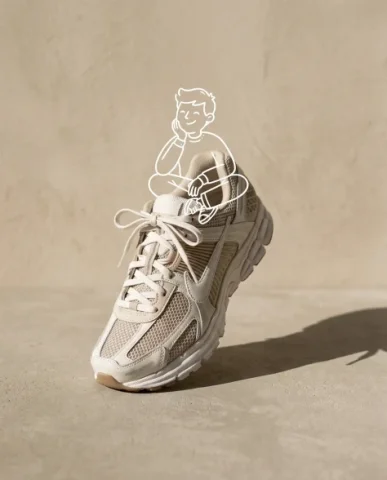 Minimalist Sneaker Product Photography with Doodle Overlay 2 — Nano Banana AI Prompt: Overhead flat-lay product photography of a pair of premium athletic sneakers pla...