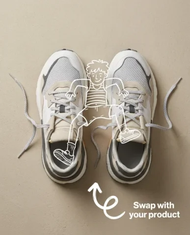 Minimalist Sneaker Product Photography with Doodle Overlay 3 — Nano Banana AI Prompt: Wide product composition showing both premium athletic sneakers and their open s...