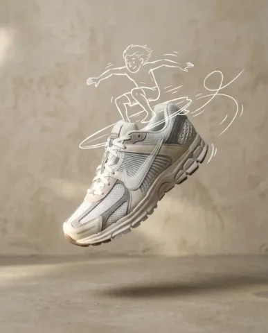 Minimalist Sneaker Product Photography with Doodle Overlay 5 — Nano Banana AI Prompt: Overhead flat-lay product photography of a pair of premium athletic sneakers pla...